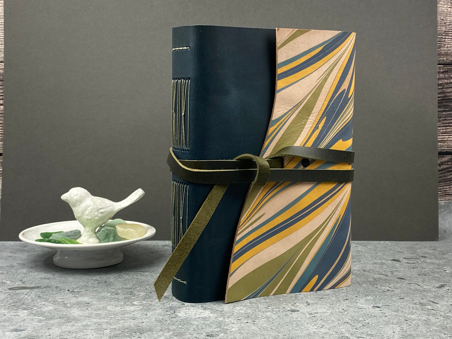 Large Marbled Leather Journal - Dark Blue