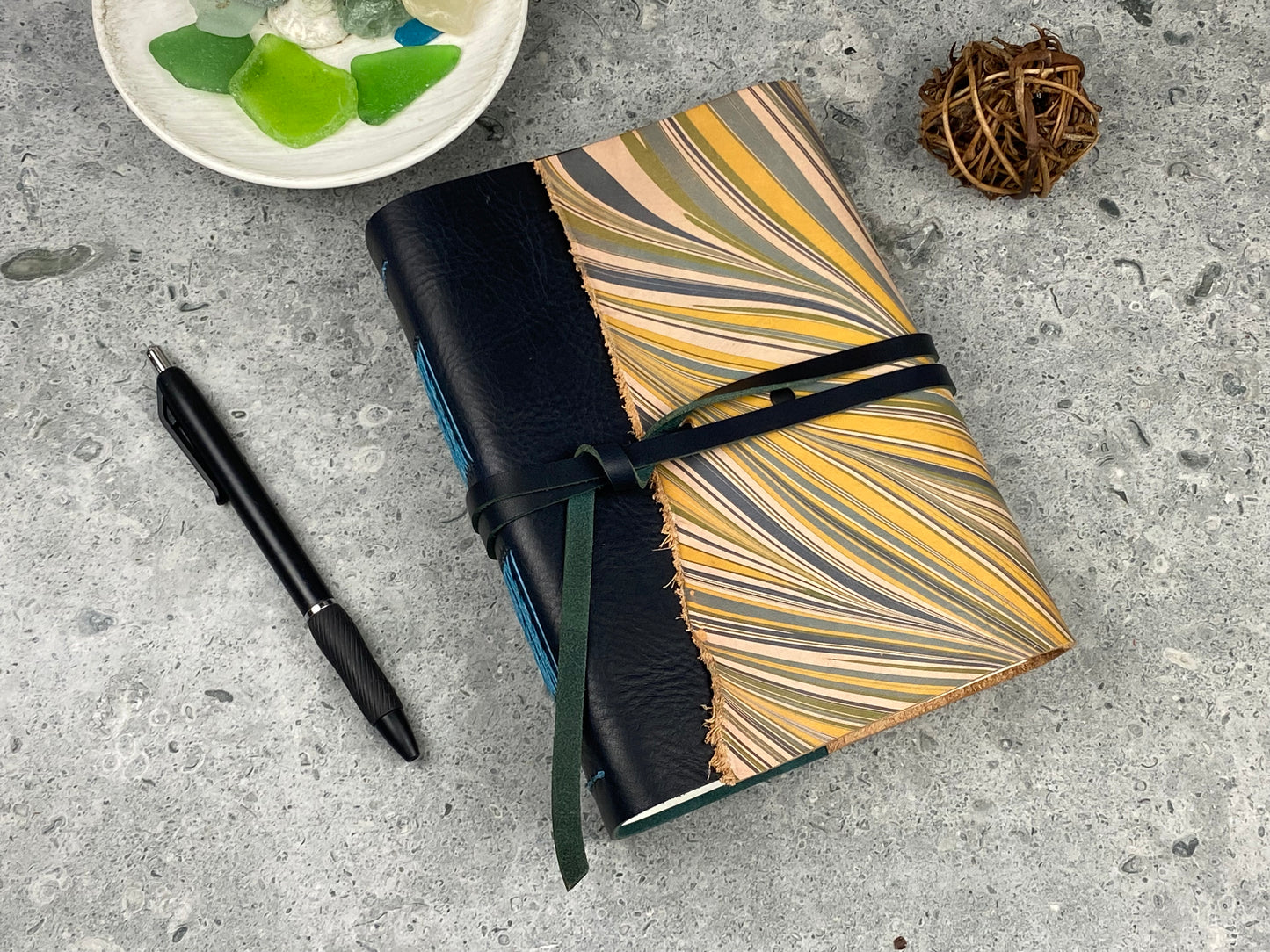 7x5 Marbled Leather Journal - Deep Blue