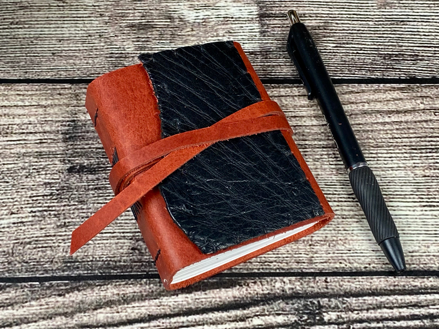 Mini Leather Journal - Red Bison with Ostrich