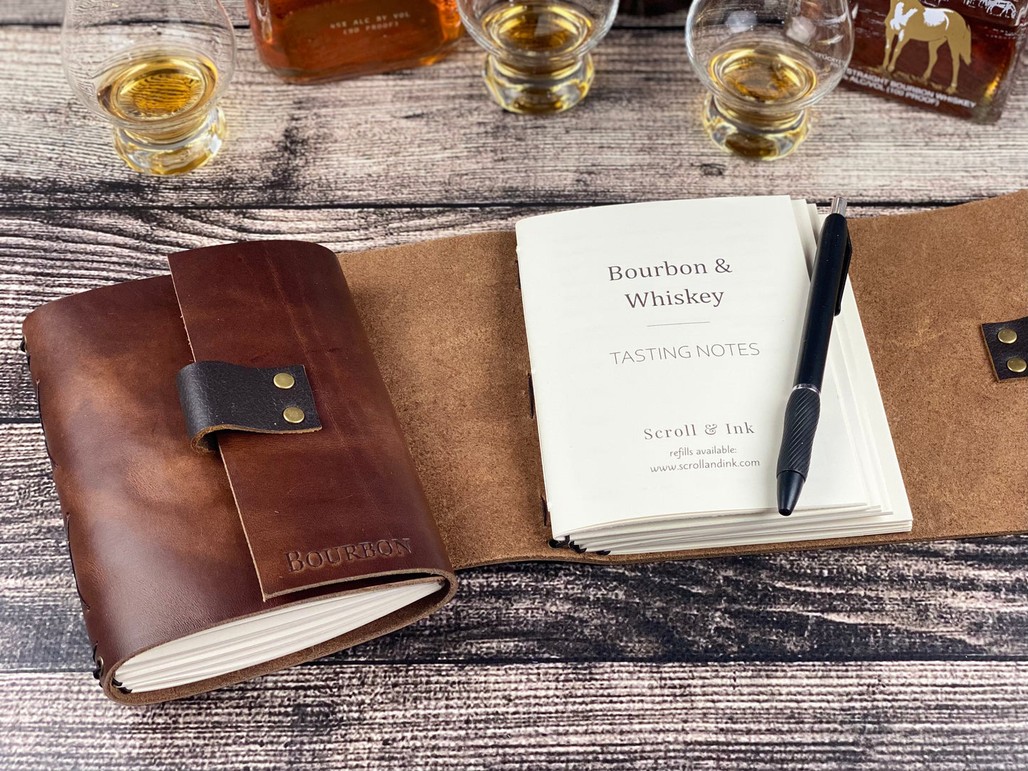 Whiskey or Bourbon Journal, Refillable Tasting Notes in Walnut Leather