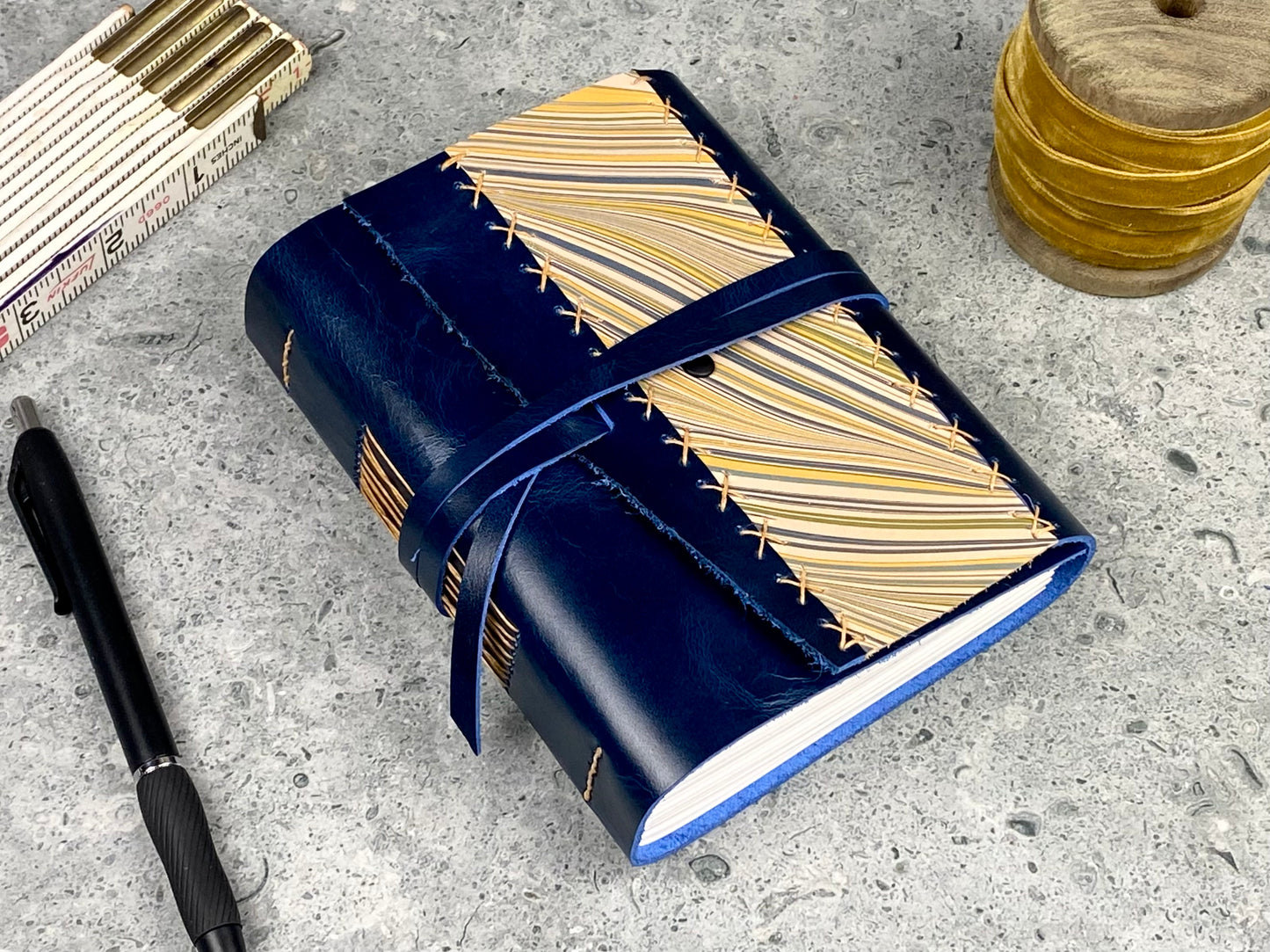 Small Marbled Leather Journal - Sapphire