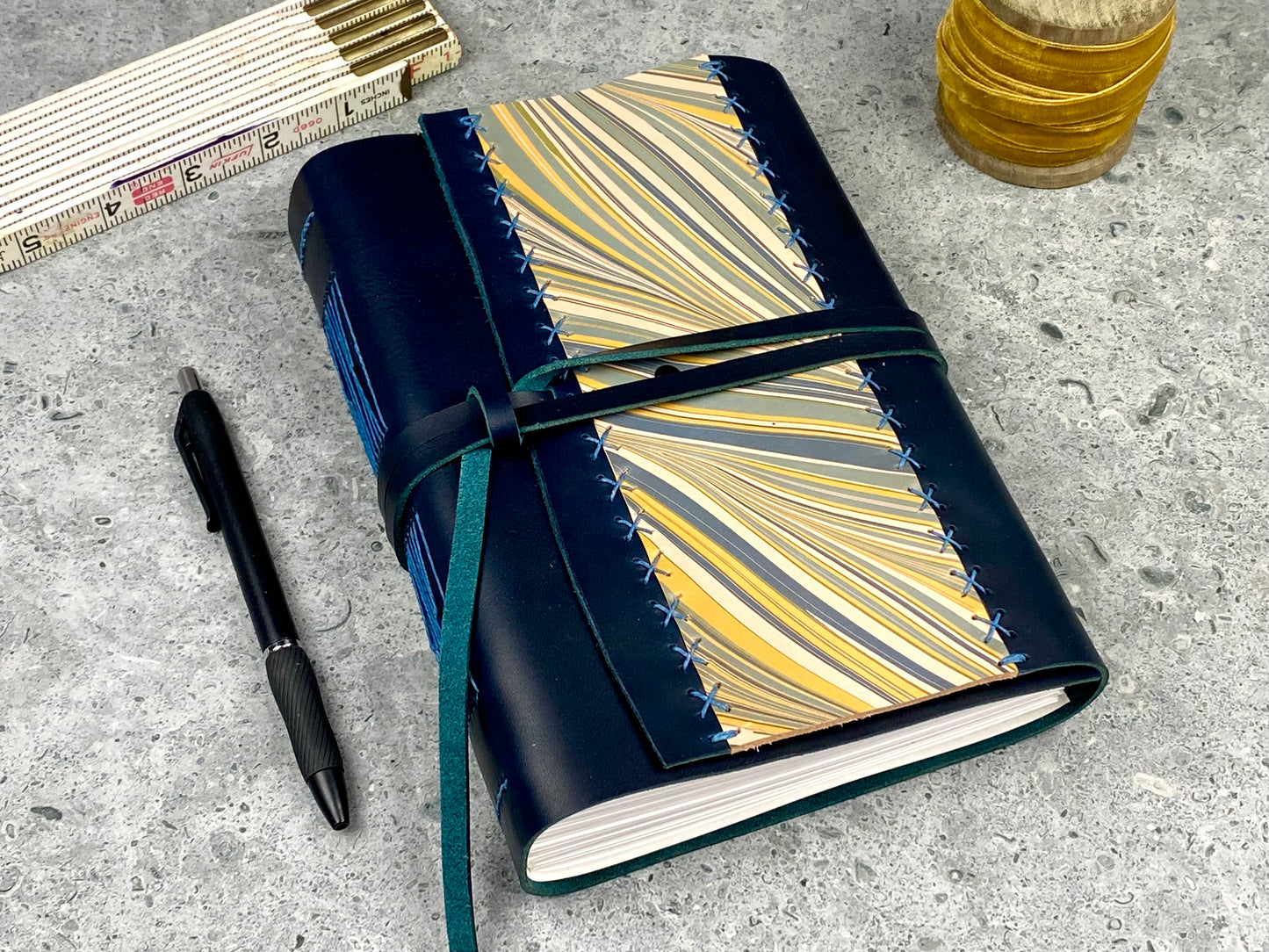 Large Marbled Leather Journal - Navy Blue
