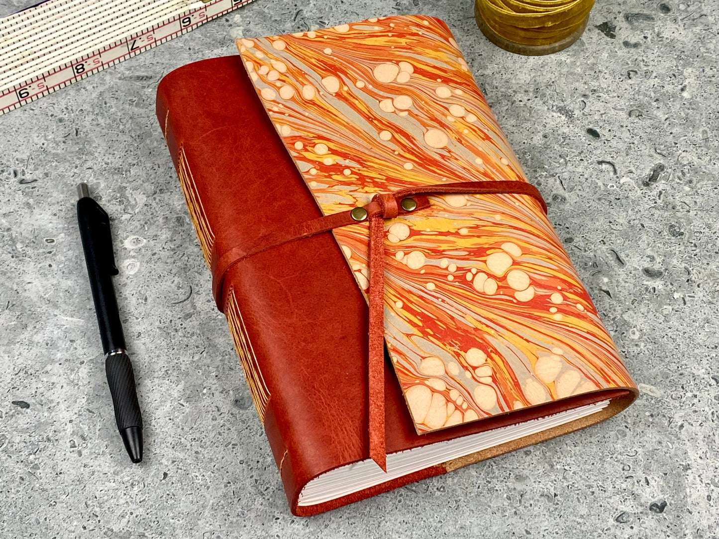 Large Marbled Leather Journal - Red Bison