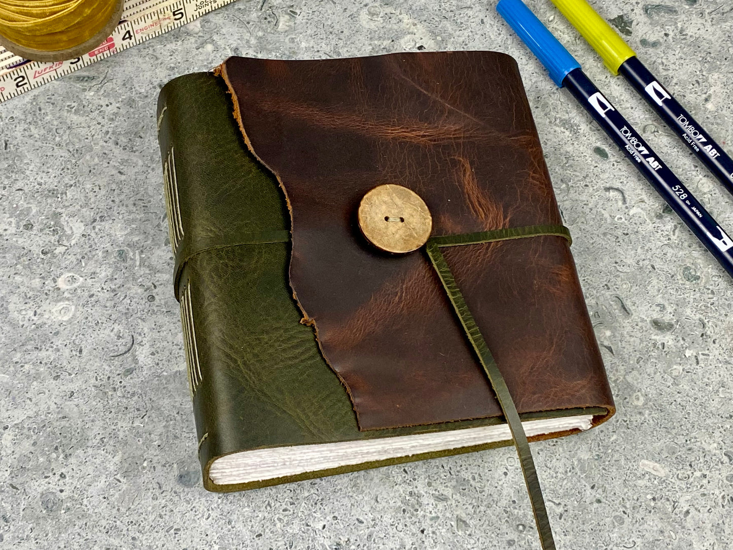 Watercolor Sketchbook / Art Journal in Olive and Walnut Cowhide