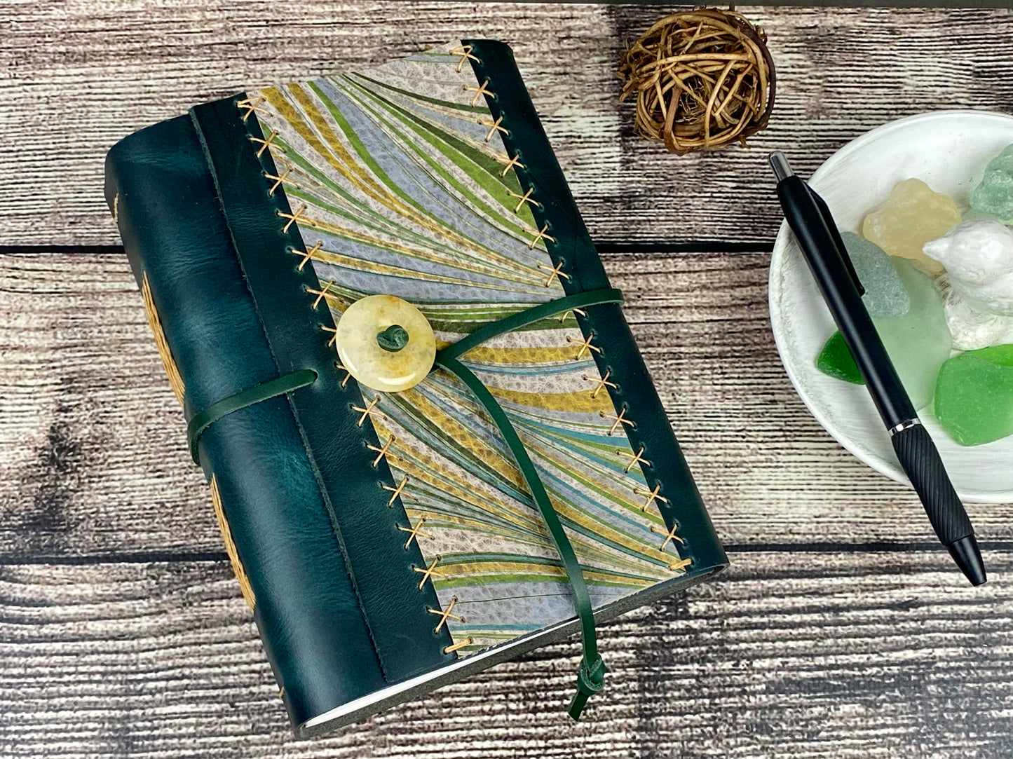 5x7 Leather Journal/Sketchbook, Peacock with Marbled Panel and Yellow Jade