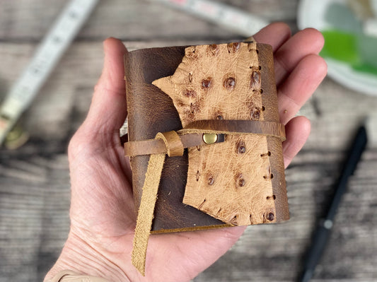 Mini Leather Journal -  Bourbon Cow with Ostrich