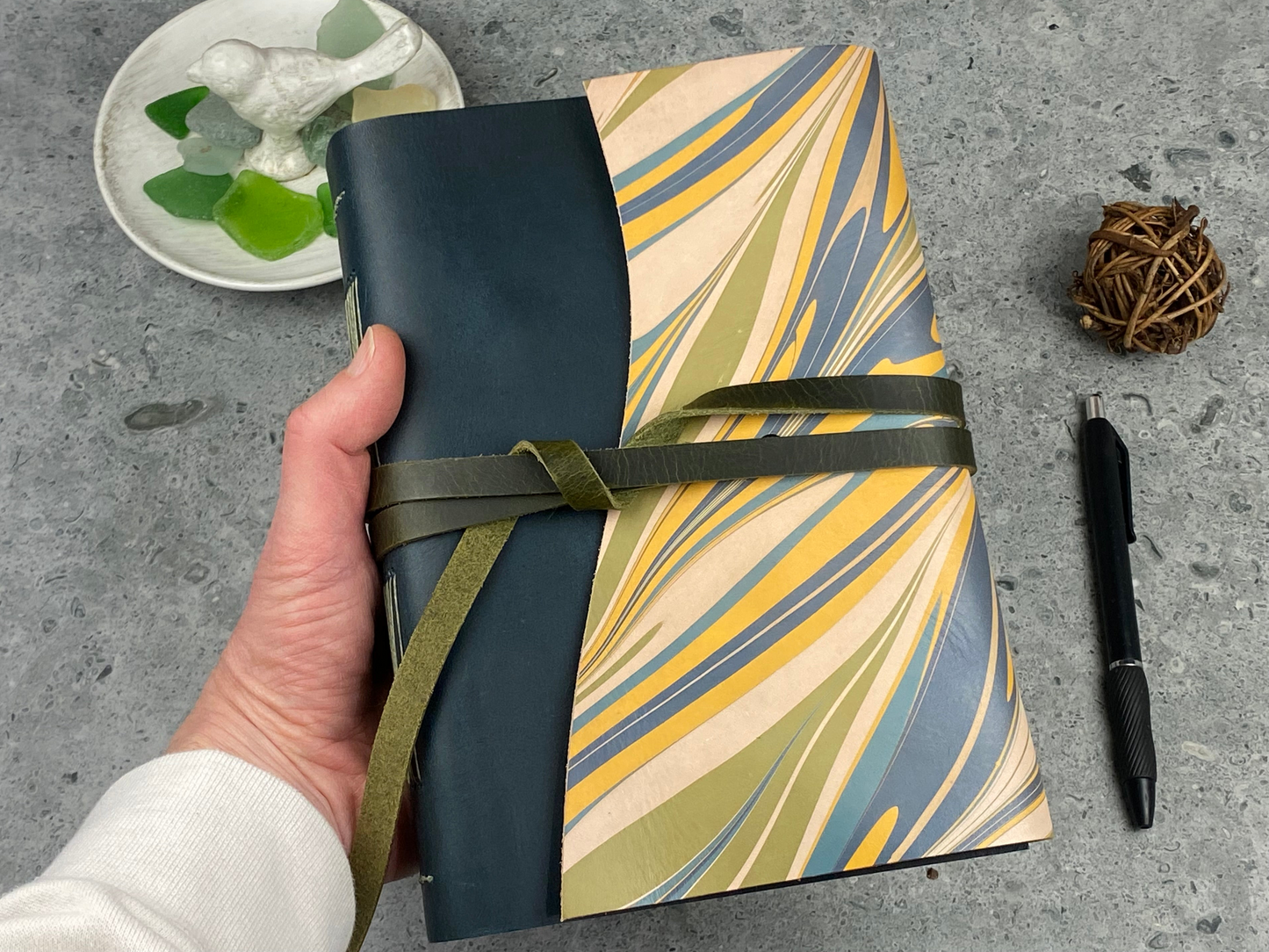 Large Marbled Leather Journal - Dark Blue