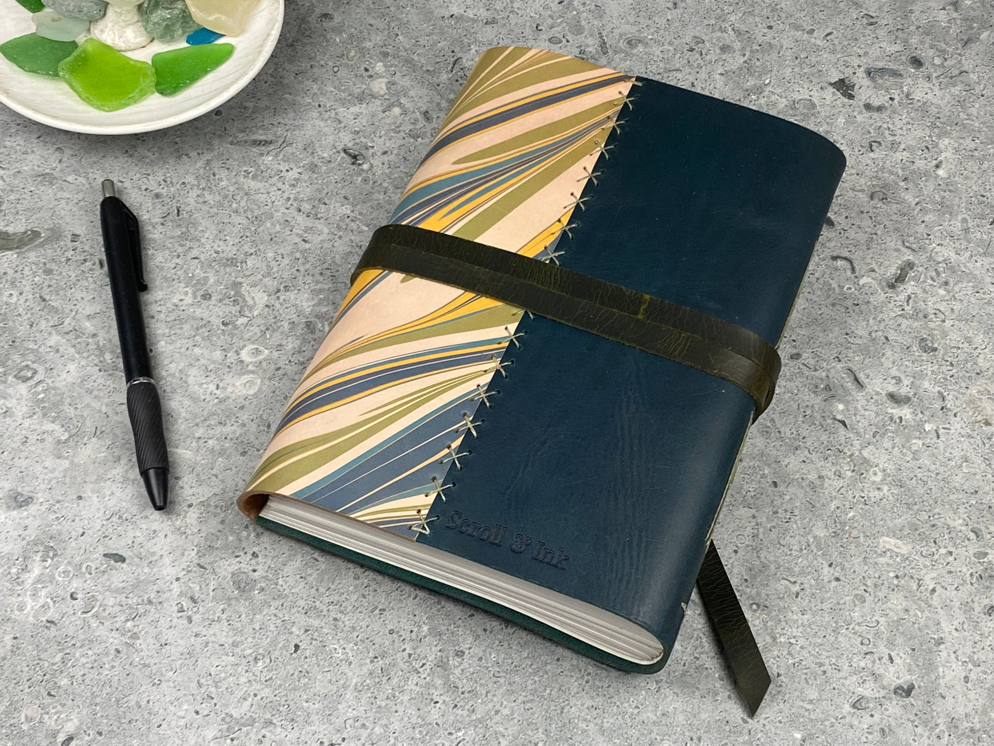 Large Marbled Leather Journal - Dark Blue