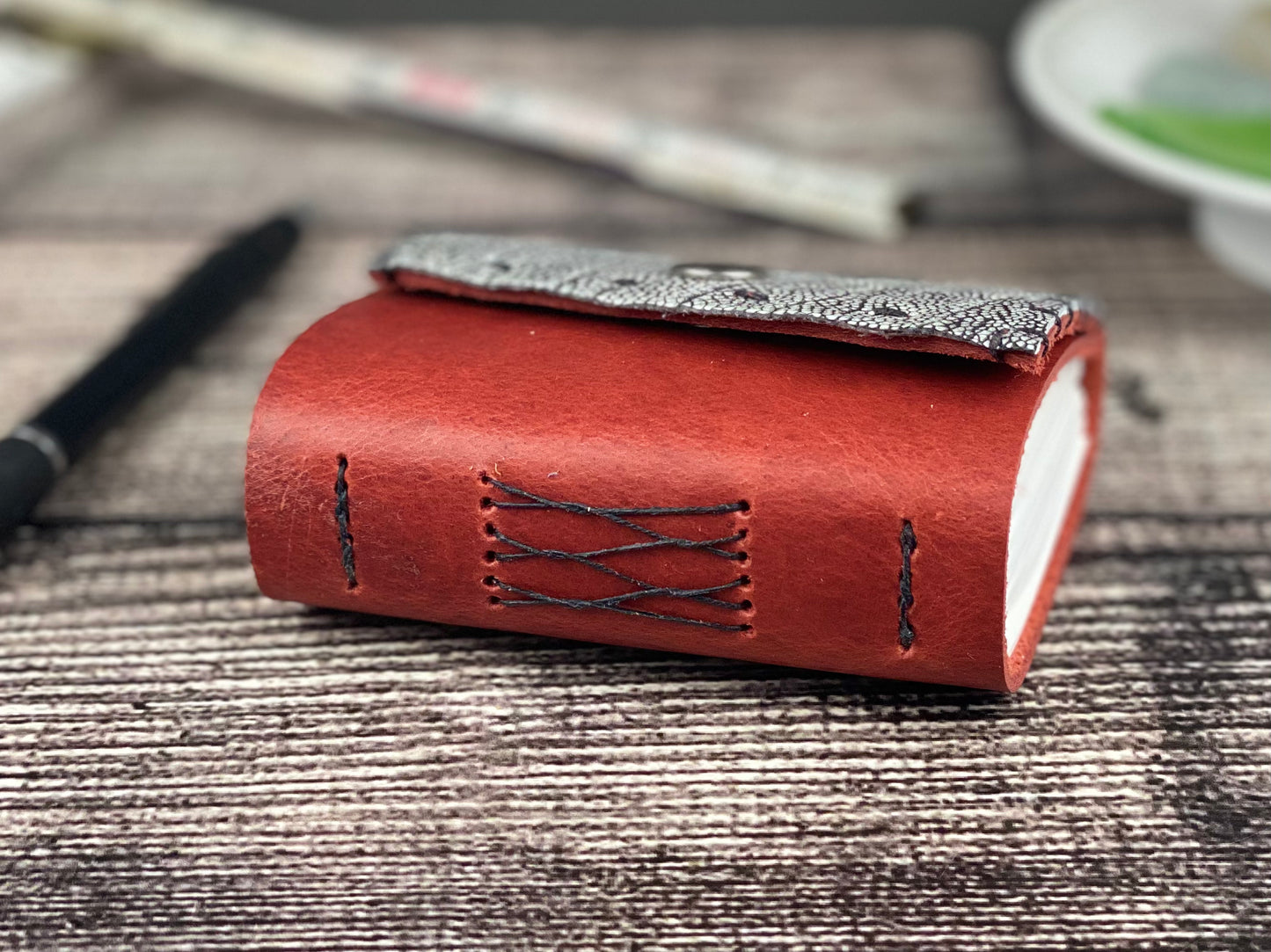 Mini Leather Journal - Red bison with Ostrich