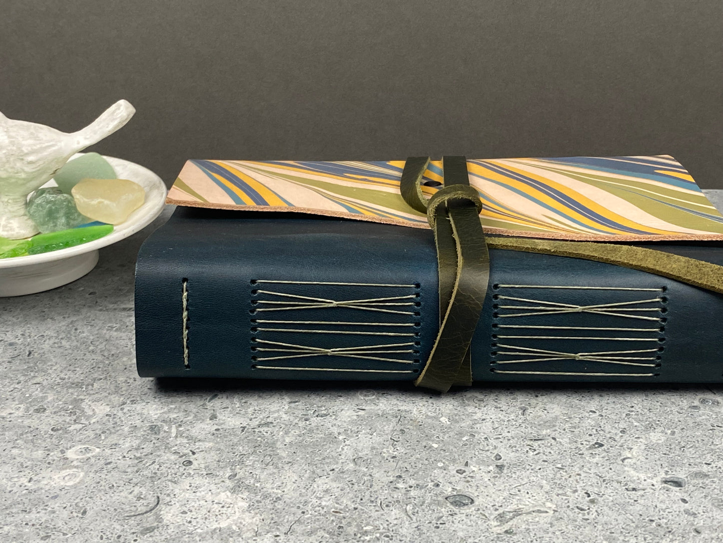 Large Marbled Leather Journal - Dark Blue