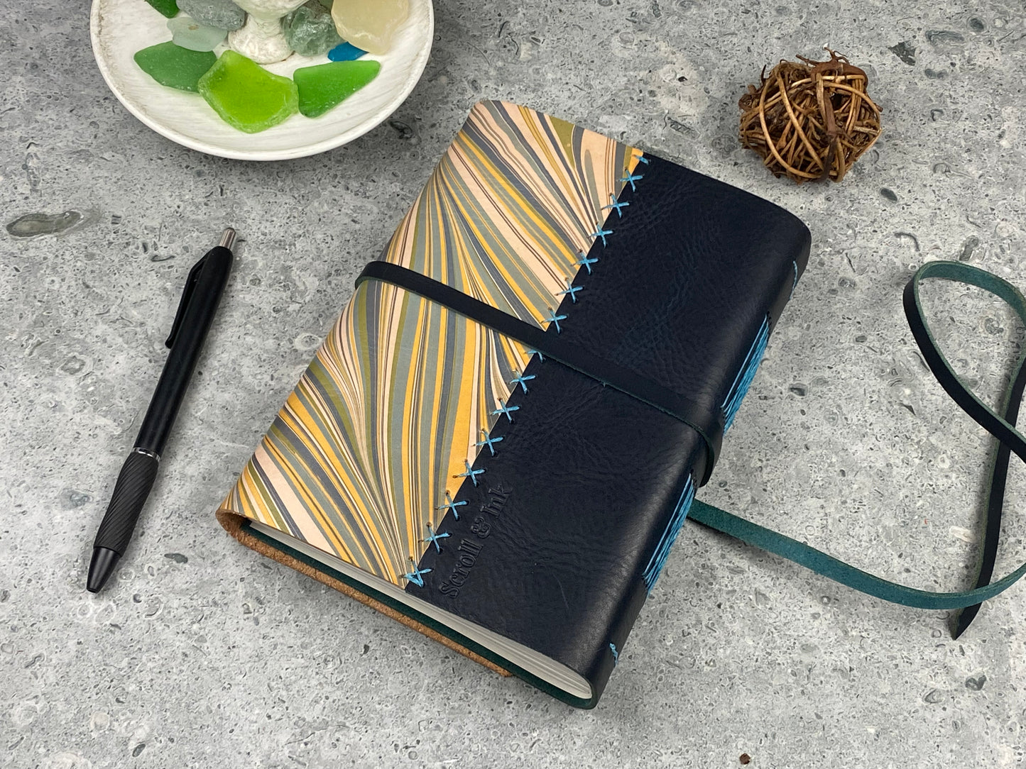 7x5 Marbled Leather Journal - Deep Blue