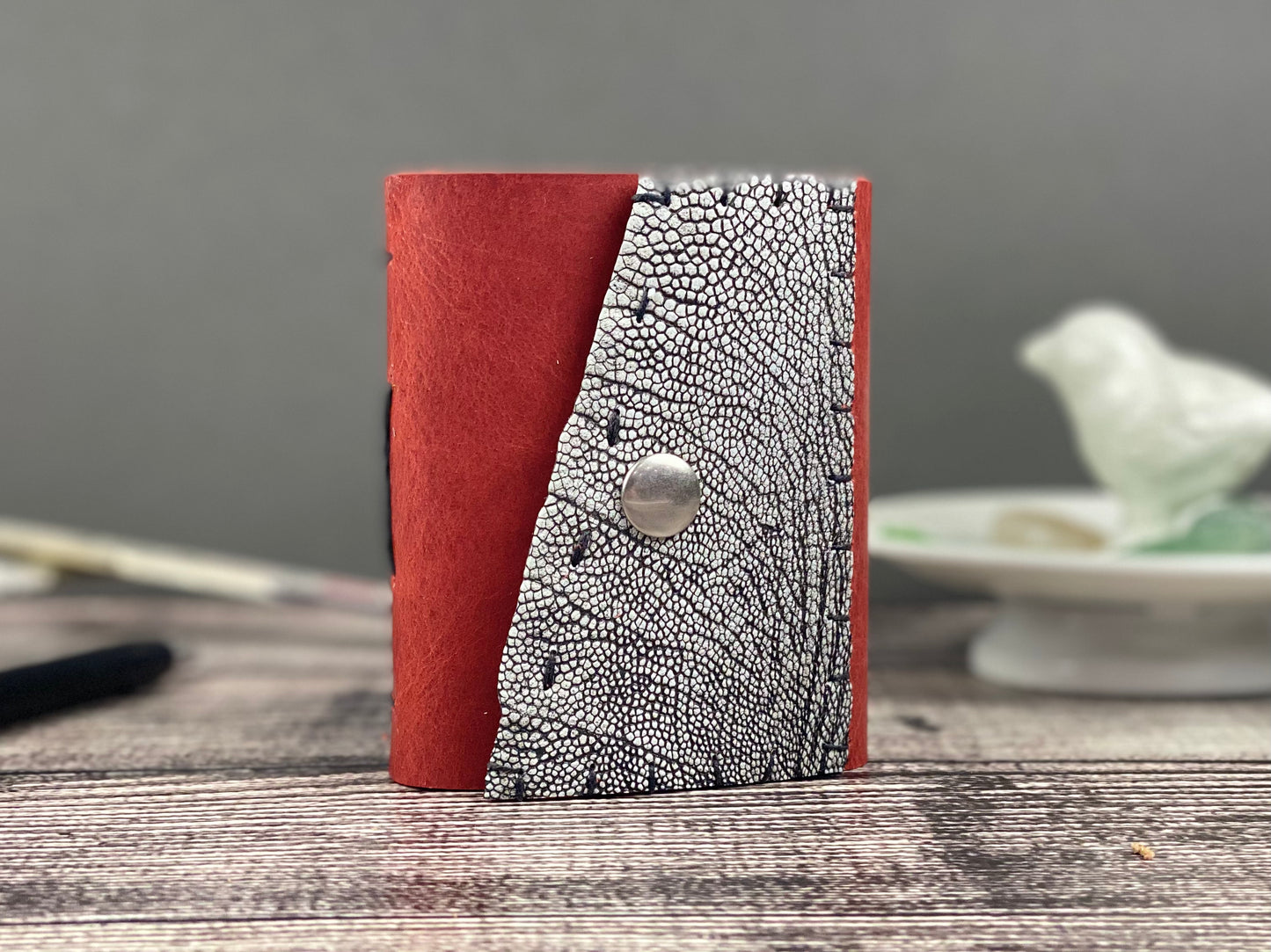 Mini Leather Journal - Red bison with Ostrich