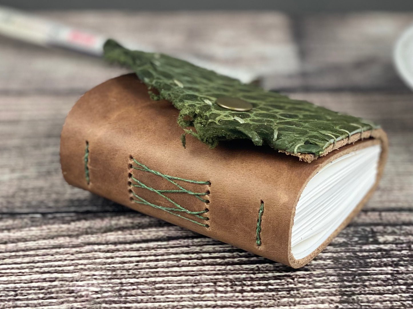 Mini Leather Journal - Tan bison with Caiman