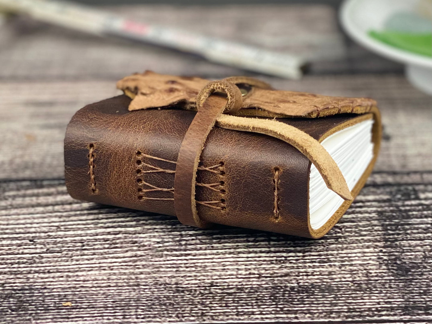 Mini Leather Journal -  Bourbon Cow with Ostrich