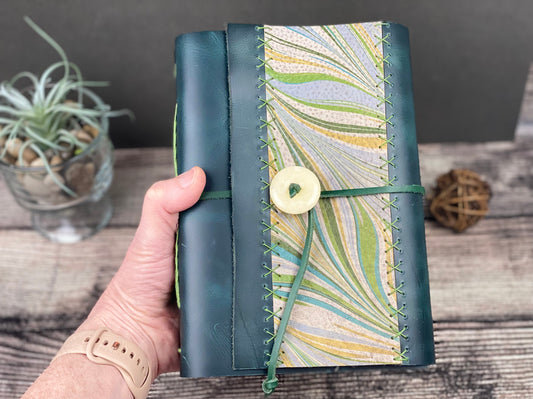 Large Marbled Leather Journal Sketchbook with Yellow Jade Stone