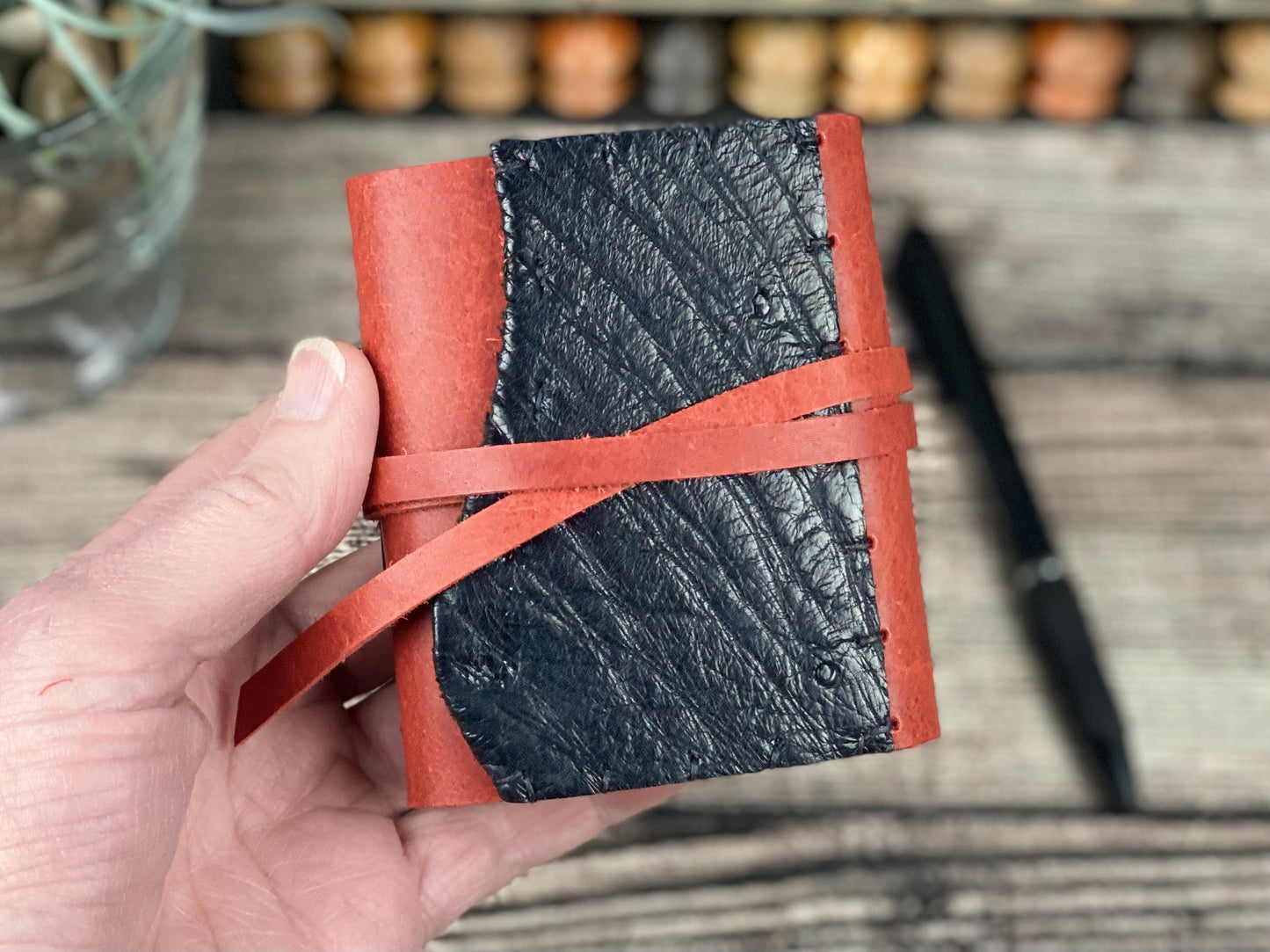 Mini Leather Journal - Red Bison with Ostrich