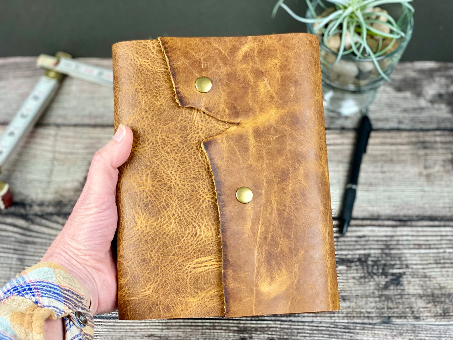 Large Leather Journal - Saddle Brown Bison with Snaps