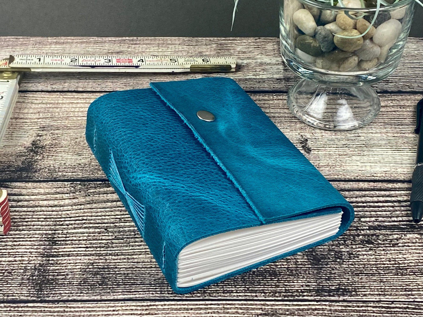 Small Leather Journal - Turquoise Bison with snap