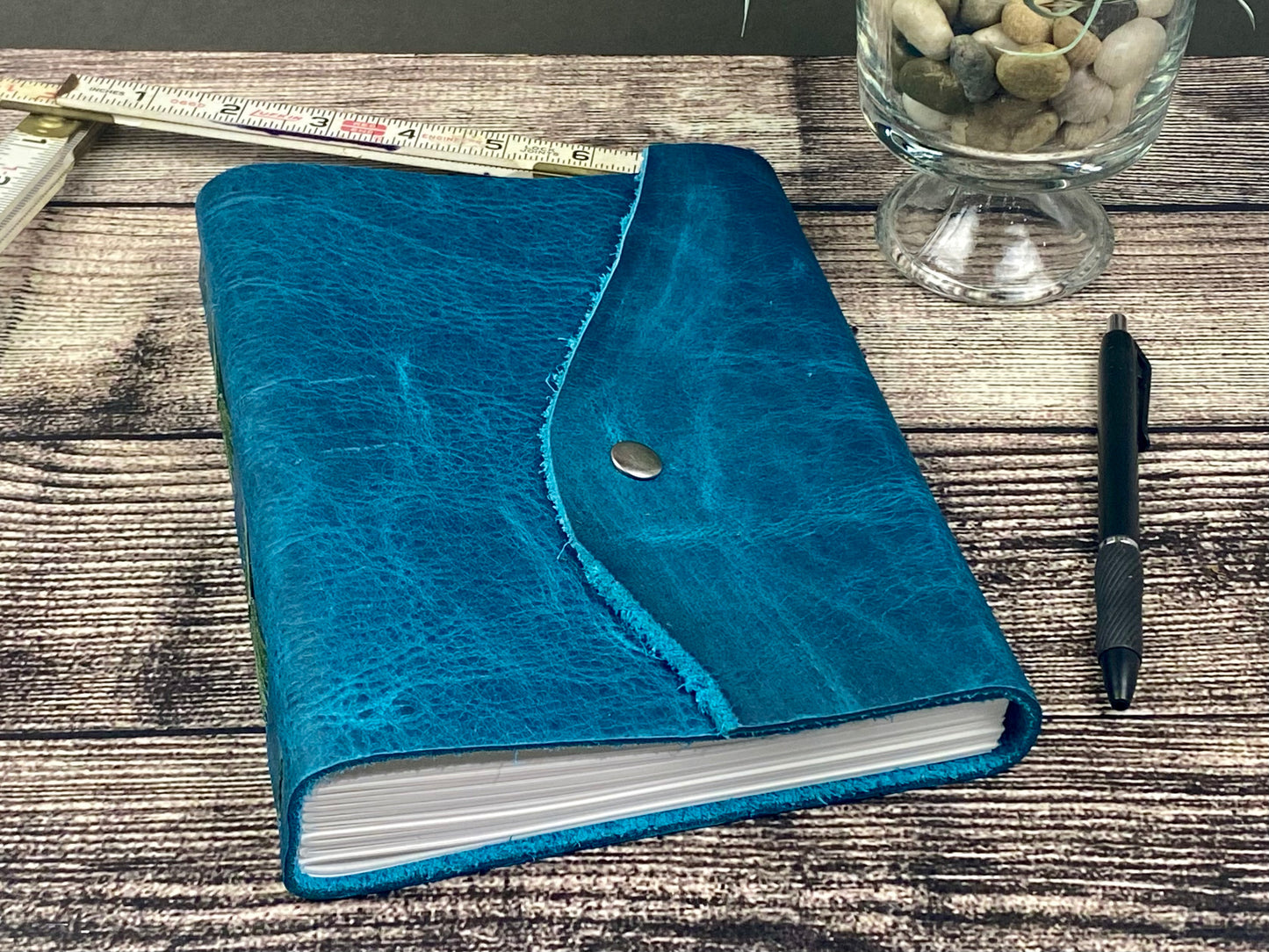 Large Leather Journal - Turquoise Bison with snap