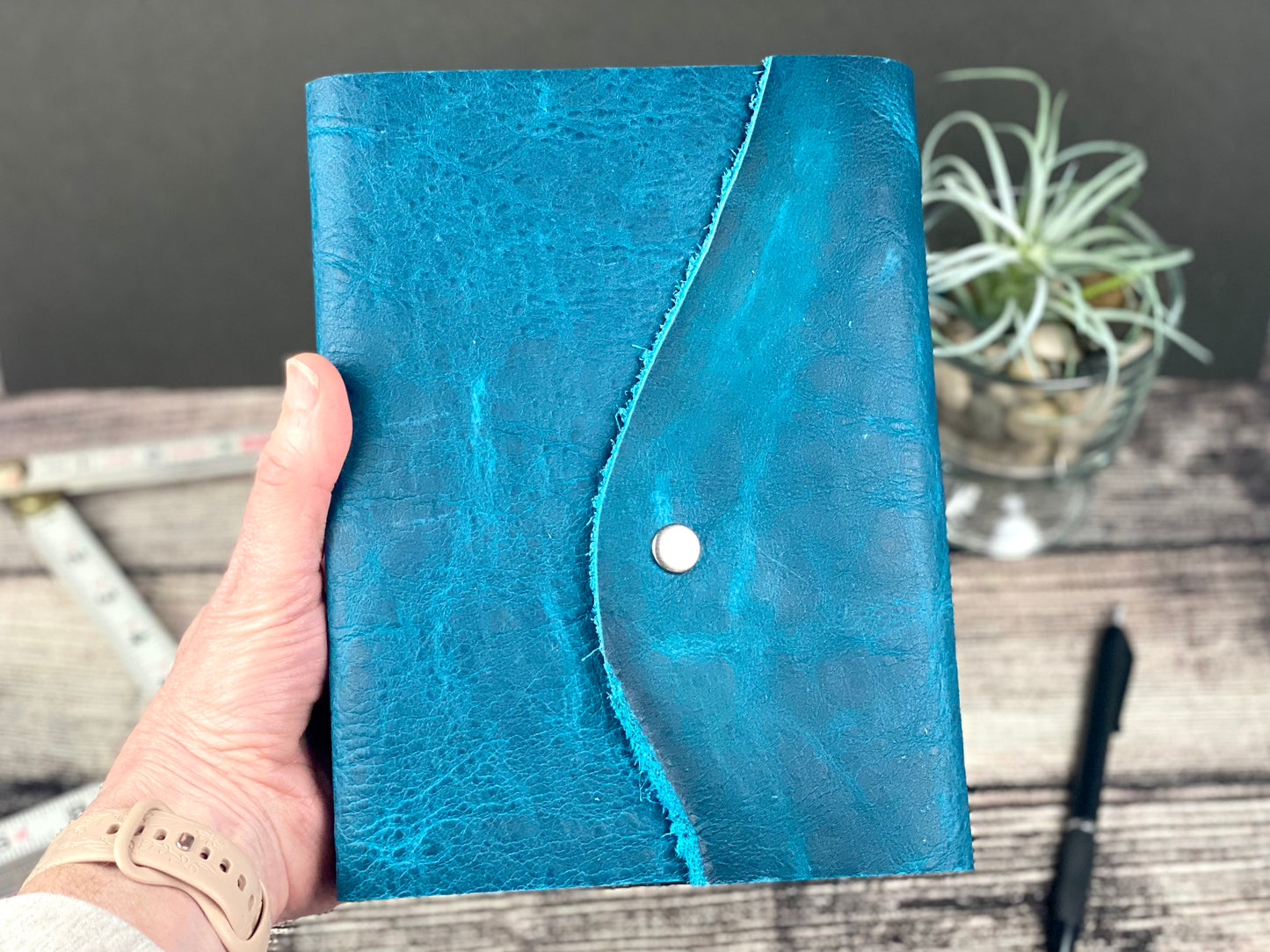 Large Leather Journal - Turquoise Bison with snap