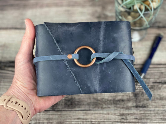 Leather Travel Sketchbook - Navy Bison with ring