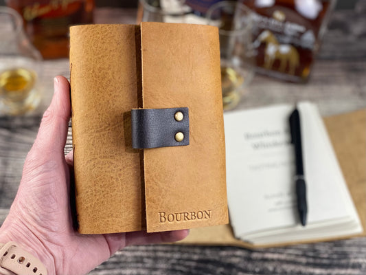 Whiskey or Bourbon Journal, Refillable Tasting Notes in Honey Bison Leather