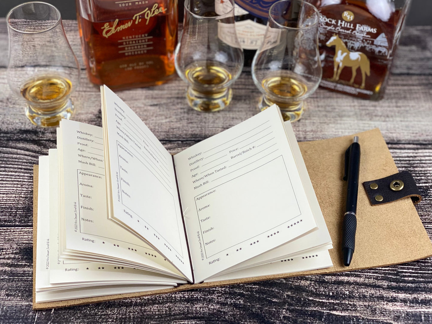 Whiskey or Bourbon Journal, Refillable Tasting Notes in Honey Bison Leather