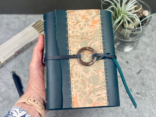 7x5 Marbled Leather Journal - Dark Teal