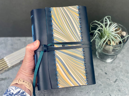 Large Marbled Leather Journal - Navy Blue