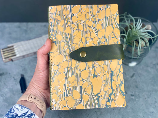 Large Marbled Leather Journal with Olive Spine