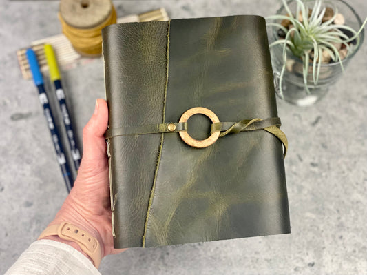 Large Watercolor Sketchbook / Art Journal in Olive Cowhide