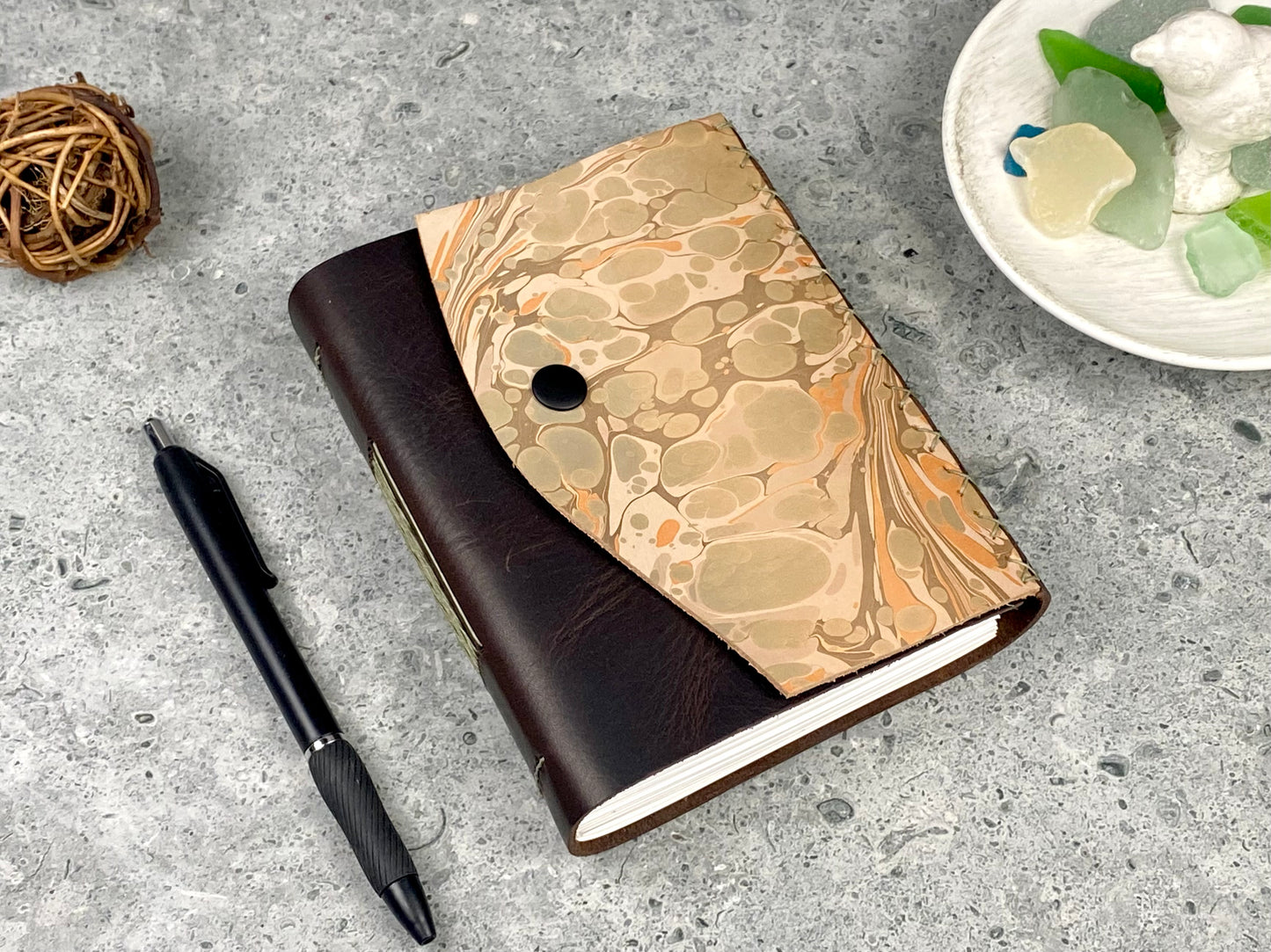 Small Marbled Leather Journal - Espresso