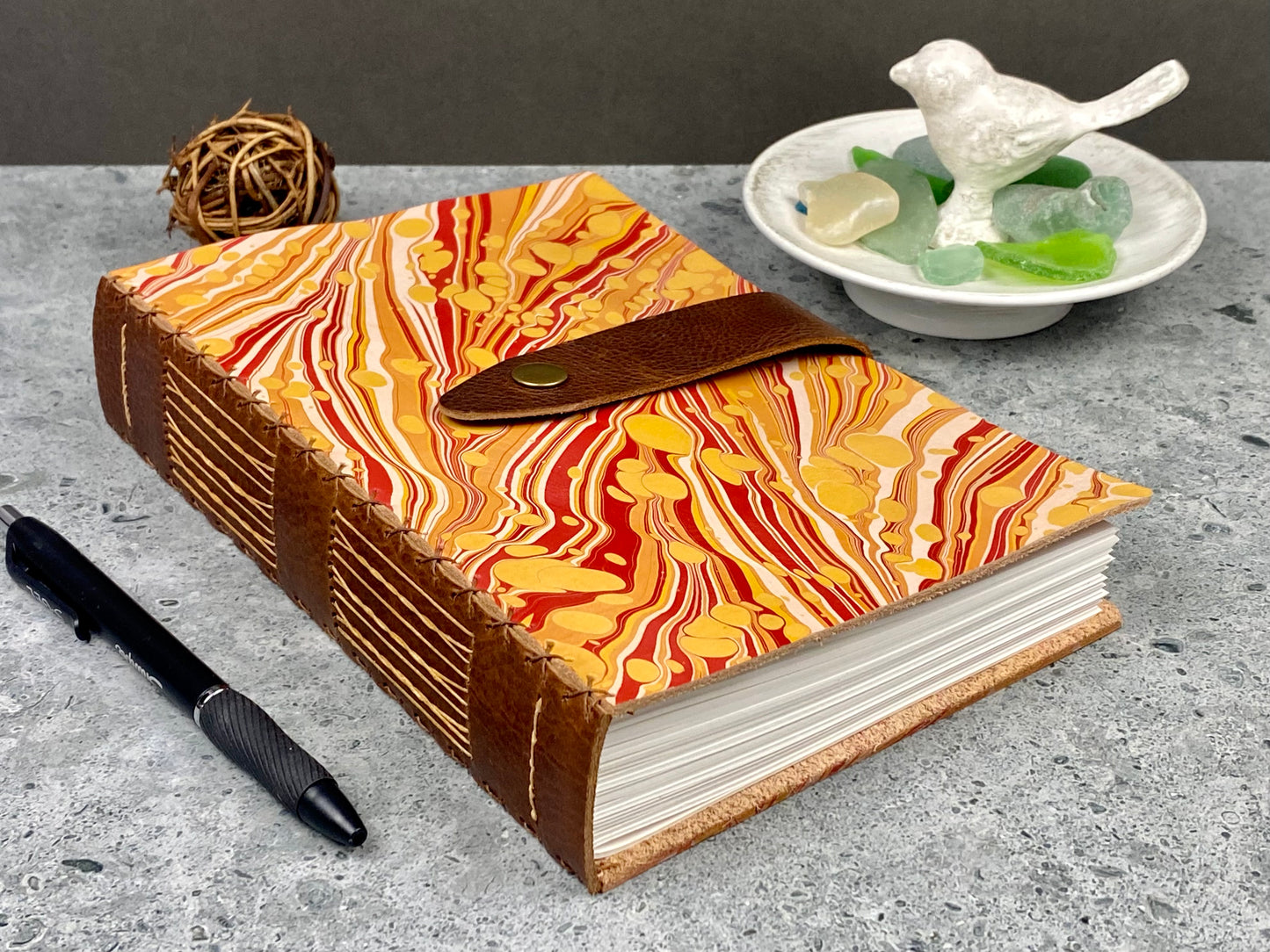 Large Marbled Leather Journal in Red and Yellow