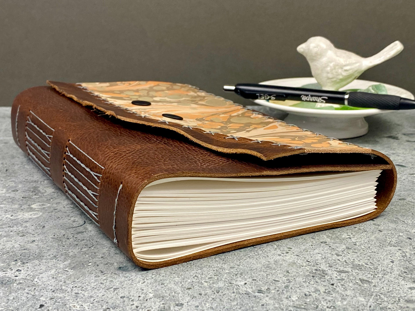 Large Marbled Leather Journal - Walnut Brown
