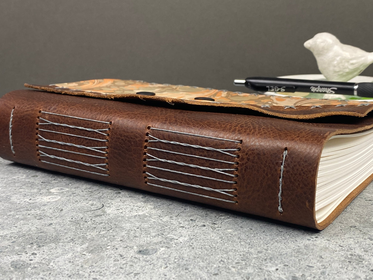 Large Marbled Leather Journal - Walnut Brown