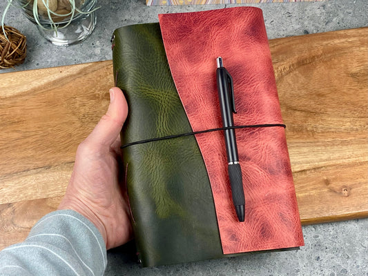 A5 Refillable Leather Journal, Premium Cowhide, Olive & Pink