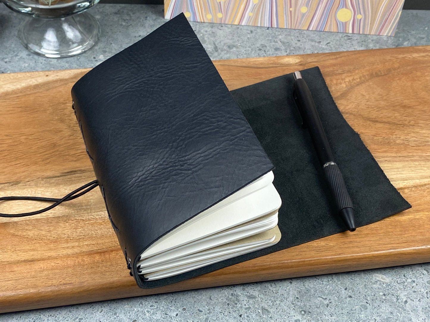 Pocket Refillable Leather Journal, Premium Cowhide, Black