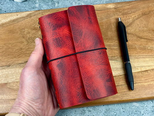 Pocket Refillable Leather Journal, Premium Cowhide, Brilliant Red