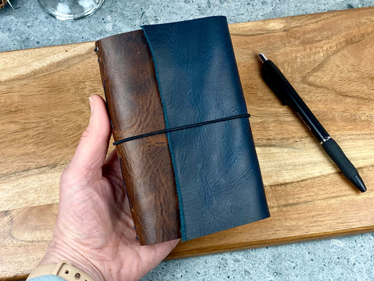 Pocket Refillable Leather Journal, Premium Cowhide, Walnut and Deep Sapphire