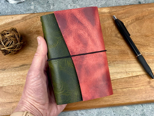 Pocket Refillable Leather Journal, Premium Cowhide, Olive and Pink