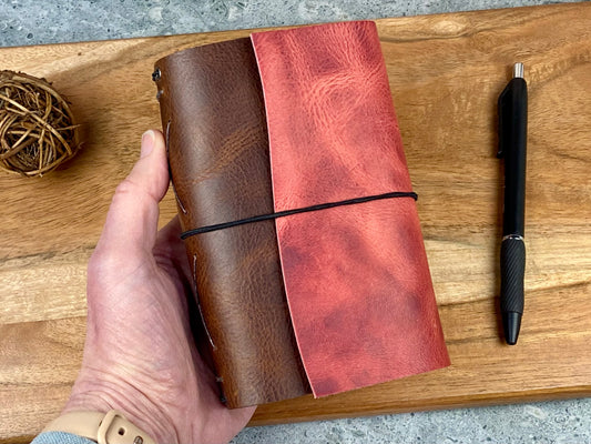Pocket Refillable Leather Journal, Premium Cowhide, Walnut and Pink