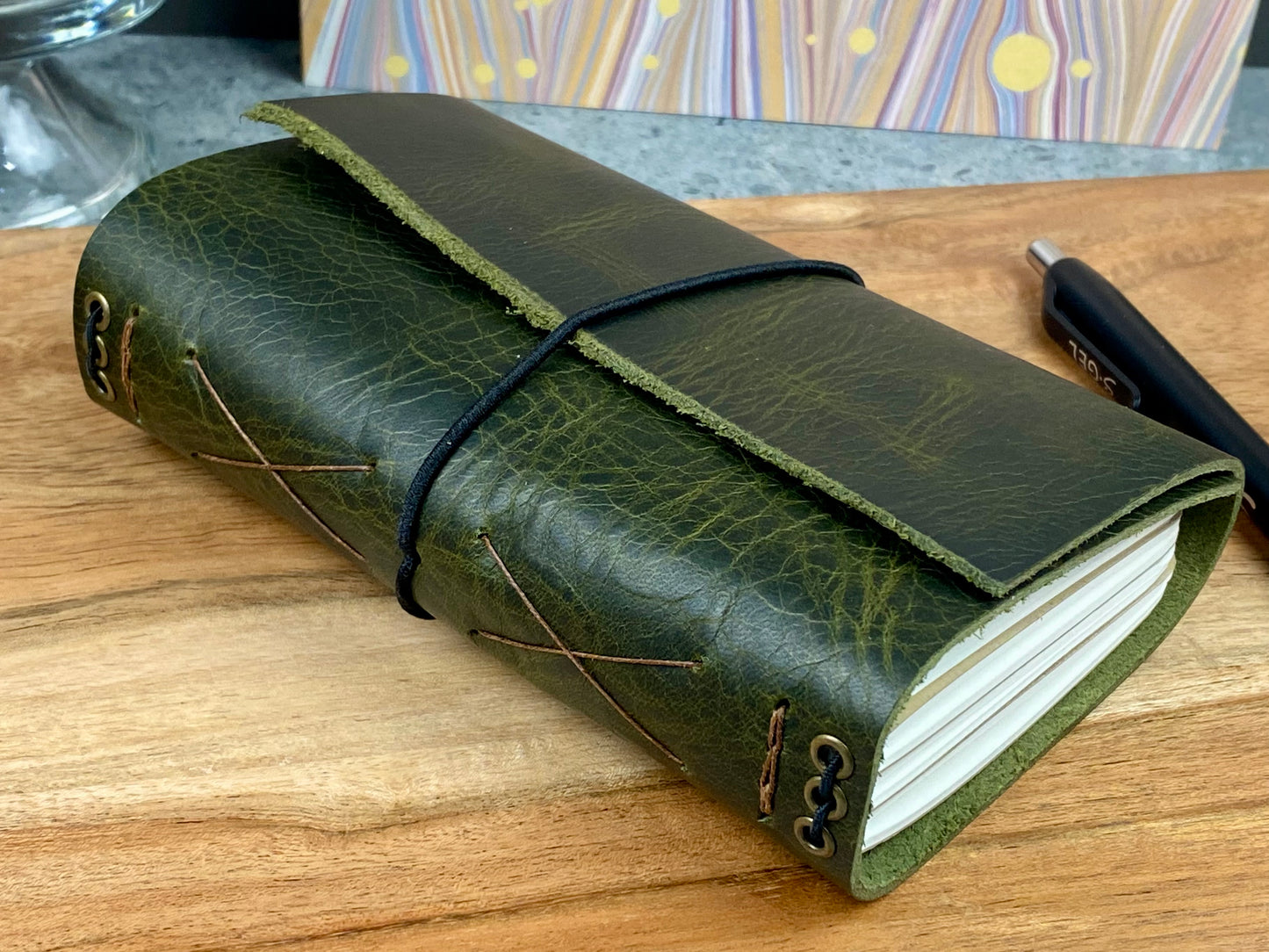 Pocket Refillable Leather Journal, Premium Cowhide, Olive
