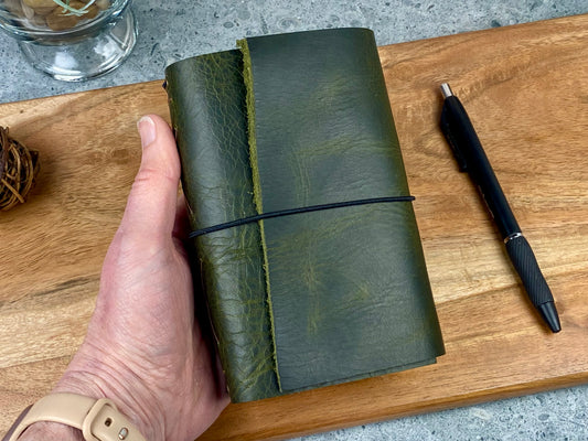 Pocket Refillable Leather Journal, Premium Cowhide, Olive