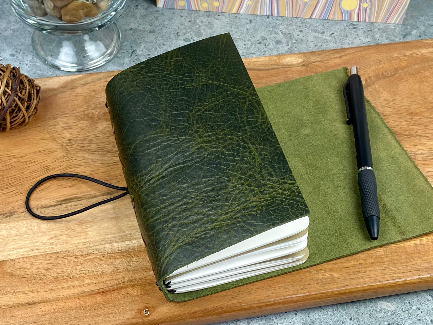 Pocket Refillable Leather Journal, Premium Cowhide, Olive