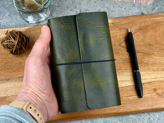 Pocket Refillable Leather Journal, Premium Cowhide, Olive