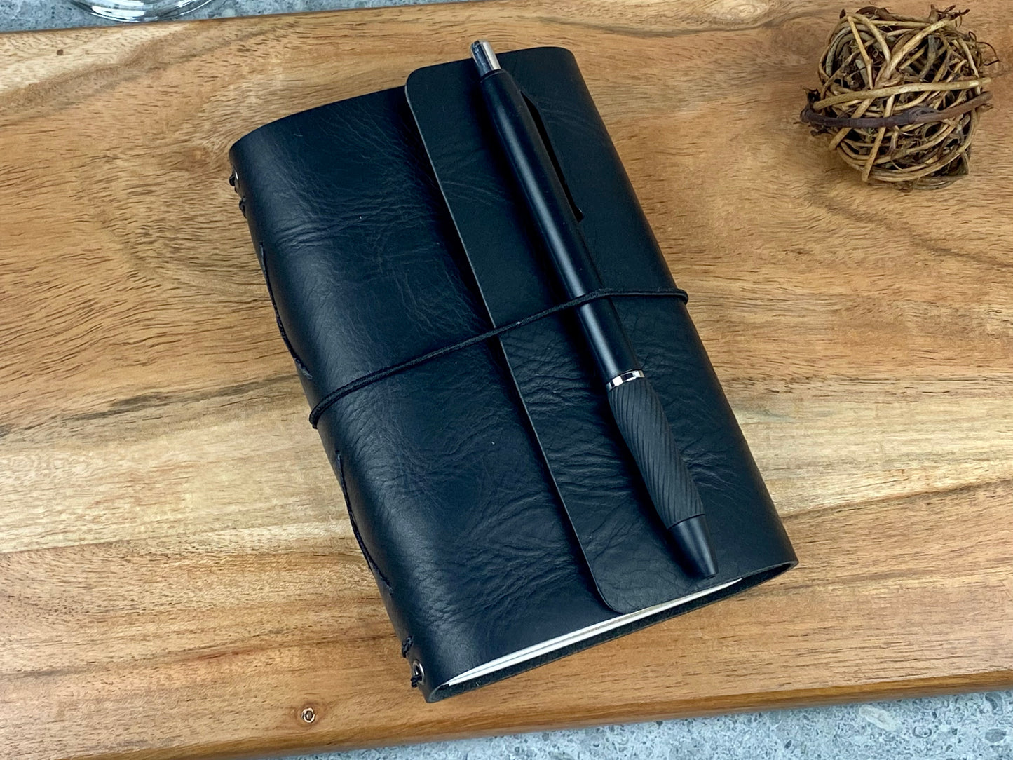Pocket Refillable Leather Journal, Premium Cowhide, Black