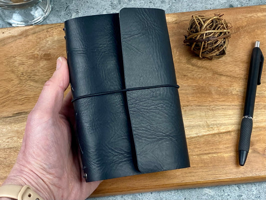 Pocket Refillable Leather Journal, Premium Cowhide, Black