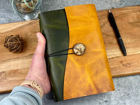 A5 Refillable Leather Journal, Premium Cowhide, Olive and Golden Yellow