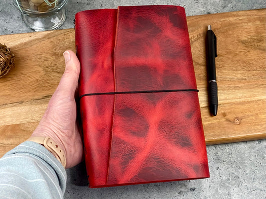 A5 Refillable Leather Journal, Premium Cowhide, Brilliant Red