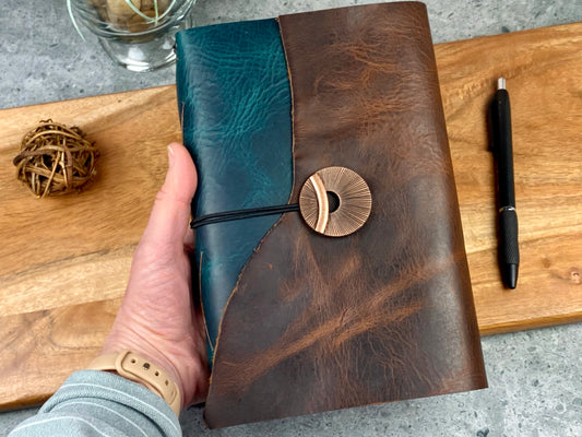 A5 Refillable Leather Journal, Premium Cowhide, Turquoise and Walnut